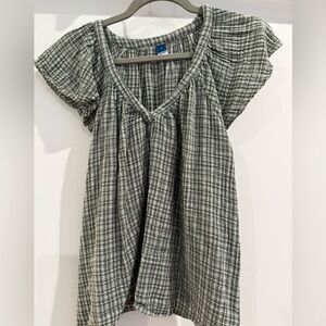 Green Plaid Flutter Sleeve Top